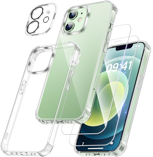 FLLAO Case for iPhone 12 Mini, with 2 Screen + 1 Lens Protector, Clear | 2 HD Screen Protector + 1 Camera Lens Protector, Shockproof Air Cushion, Anti-Yellowing, Slim Soft TPU Bumper Cover