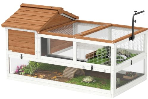 PawHut Schildkrötenhaus aus Holz Outdoor Terrarium 116x70,5x69,5cm Orange | Schildkrötengehege,Zwei Haupthäuser,Aufklappbare Oberseite,Lampenhalter,Reptilienkäfig,für Schildkröten Reptilien