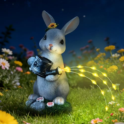 Cuteefun Solar Garden Ornament Outdoor, Rabbit Statue with Watering Can | Weatherproof Durable, Auto On/Off, Rabbit Solar Lights Outdoor for Garden, Balcony, Perfect for Birthdays and Housewarmings