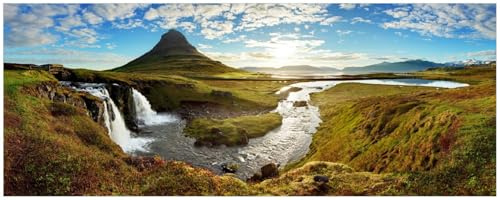 Wallario Küchenrückwand selbstklebend 115 x 50 cm, Motiv: Island Panorama Fluss Berge und Blauer Himmel | Spritzschutz abwischbar & pflegeleicht