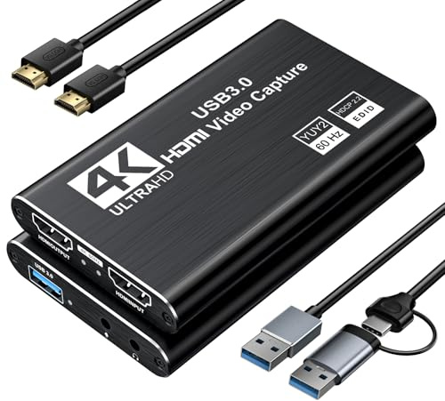 XIIXMASK USB 3.0 HDMI Capture Card, 1080P 60FPS Capture, 4K Pass-Through | Dual-port USB-A/USB-C Video Game Capture, Ultra-Low Latency 4K Pass-Through for PS4/PS5, Switch 1/2, Xbox, PC, Mac, Camera