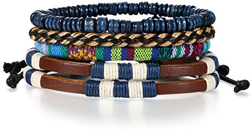 JewelryWe Herren Leder Armband Set, Retro Wickelarmband Kugel Perlen Leder Seil Geflochten Armreif Perlenarmband Surfer Surferarmband