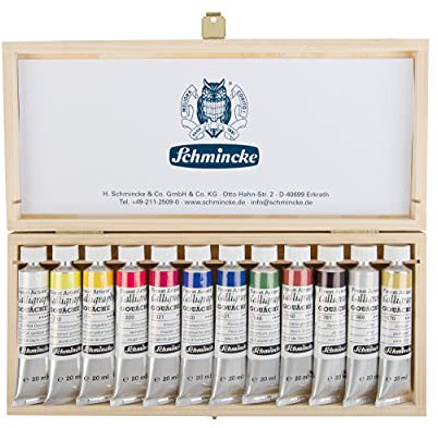 Schmincke - Calligraphy Gouache, 12 x 20 ml-Tuben, 72 028 097, 12 feinste Kalligraphie Farbtöne im Holzkasten, brillant, einschließlich Goldperl und Silber, Kalligraphietechniken