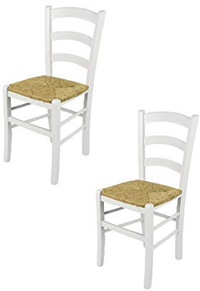 t m c s Tommychairs - 2er Set Stühle Venezia für Küche und Esszimmer, Robuste Struktur aus lackiertem Buchenholz im Farbton Weiss (deckend) und Sitzfläche aus Stroh