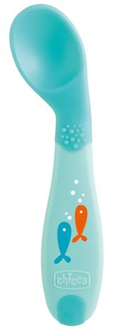 Chicco Première Cuillère, Coudée Petite et Légère Cuillère pour Bébé, avec Forme Angulaire et Poignée Ergonomique pour Apprendre à Manger en Autonomie, pour les Enfants de 8 Mois+, Bleu