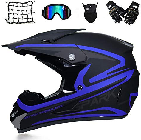 Motorradhelm, Erwachsener Motocross Helm Motorrad Crosshelm Herren Fullface MTB Helm Mopedhelm mit Visier Brille Handschuhe Maske Motorrad Netz, Schwarz und Blau,L