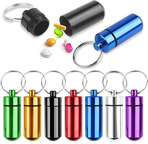 Dadabig 9 Stück Pillenbox Schlüsselanhänger, Mini Aluminium Pillenbox Schlüsselbund wasserdichte Luftdichte kleine Kapsel Mini Schlüssel-Anhänger (7 farbig)
