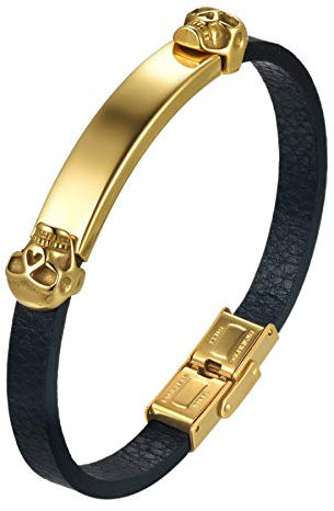 JewelryWe Schmuck Lederarmband Herren mit Totenkopf Schädel Hochglanz Poliert Gravurplatte, Edelstahl Armreif Armspange Geschenke für Männer Gold