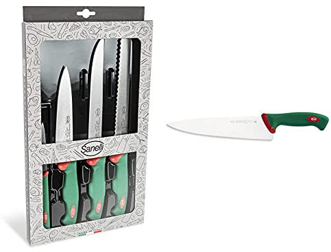 Sanelli 909604 Confezione Coltelli Chef 4 Pezzi & Premana Professional Coltello Trinciante, Acciaio, Verde/Rosso, 25 Cm