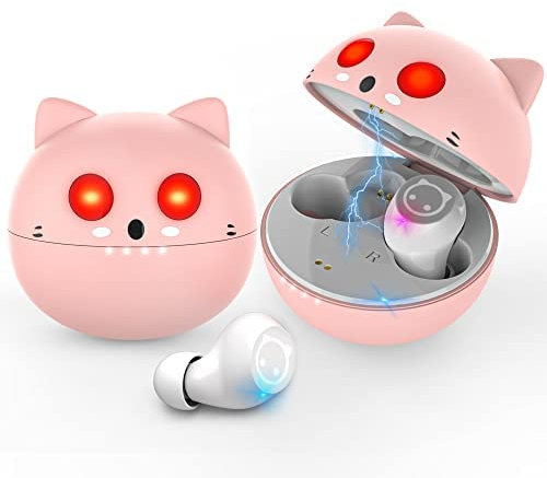 Togetface Pink Bluetooth Headphones In-Ear Wireless Earphones with Cute Cat Charging Case and Microphone, 36 Hours HiFi Stereo Playtime IPX5 Waterproof Sports for iPhone Android