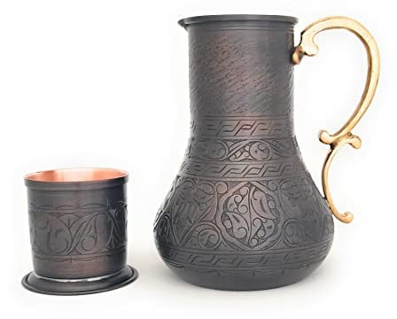 YDB Copper-KBS Serie,NEW2022 massives Kupfer, handgefertigt, graviert, 1.3 l Kupferkrug und 228 ml Becher-Set mit Deckel, Wasserkrug, Moscow Mule, Desktop/Nachttisch, Wasserkaraffe (antike Gravur)