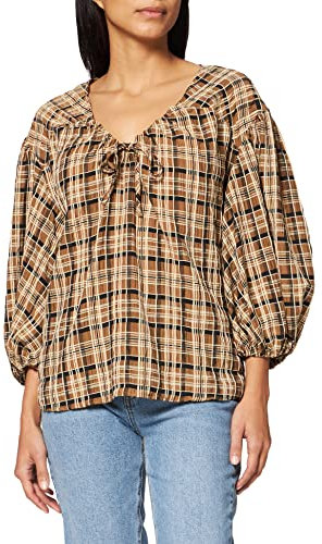 IPEKYOL Womens Baloon Sleeve Plaid Pattern Blouse, Brown, 38