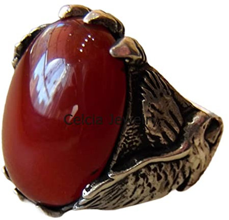 Echter Karneol-Leberachat Yamani Aqeeq Halbedelstein, natürlicher roter Stein, Adler, Herren-Siegelring, Statement-Ring, oxidierter Silberring, Vatertagsgeschenk (Karneol)