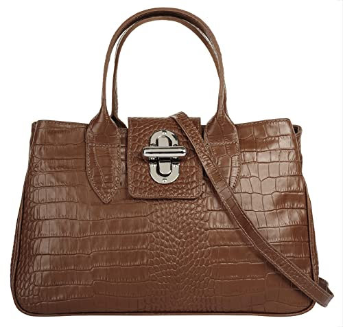 Cluty Handtasche Echt Leder Damen | Made in Italy, Leder Schultertasche mit Krokodilprägung, Umhängetasche mit Drehverschluss, Businesstasche | 016677