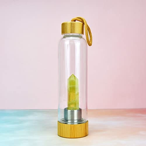 Crystal Infused Water Bottle Healing Natural Gemstone Energy Stone Water Cup with Bamboo Cover Removable Amethyst Gravel Quartz Glass Bottles (Color : Citrine, Size : 500ml)