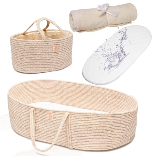 Trendy Baby Changing Basket- Unisex Baby Moses Basket Set of 4 Pieces, Waterproof Pad Cover, Caddy Diaper Organizer,Cotton Blanket - Boho Basket - Nursery Decor - Bassinet Changing Table Topper