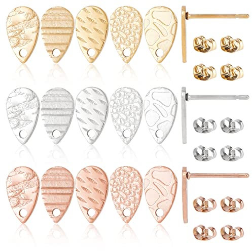 CREATCABIN 30Pcs Teardrop Stud Earring Findings 15 Styles Textured Earring Posts Stud Earrings Components Earring with Loop Stainless Steel for DIY Earring Jewelry Making 6x10mm(Silver/Gold/Rose Gold)