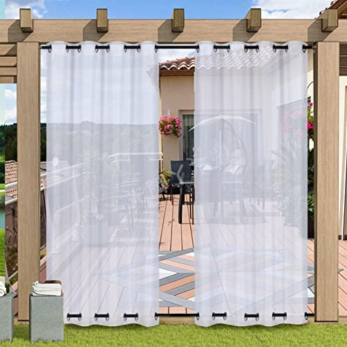 Heavyoff Outdoor Vorhang Wasserdicht Weiss Transparent Gardinen mit Ösen Oben und Unten Leinenoptik Outdoorvorhänge für Gartenlaube Balkon Terrasse Pavillon 2 Stück, 132x213cm
