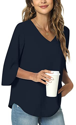 TAOHUADAO Womens Casual V-Neck Loose Tunic Top for Leggings 3/4 Sleeve Chiffon Blouse Shirt Tops 2X-Large, Navy Blue