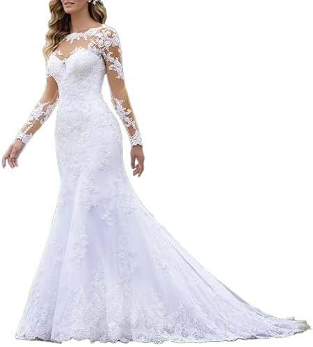 HEULORIA Vestidos de Novia Sirena Cuello Redondo Manga Larga Cuentas de Encaje Vestidos de Boda Tren Largo Me-0325 (38, White)