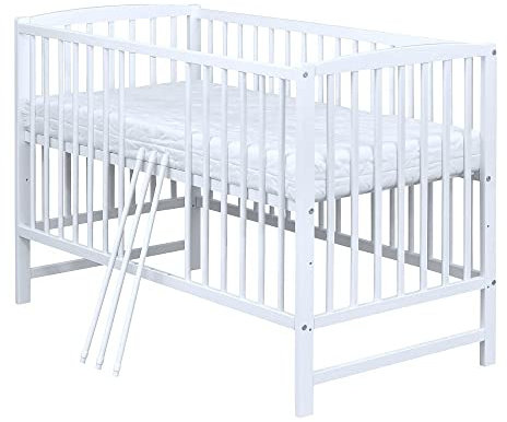 Generisch Baby Delux Babybett Kinderbett weiß 120x60 mit Matratze Lattenrost höhenverstellbar 3 herausnehmbare Schlupfsprossen (ohne Schublade)