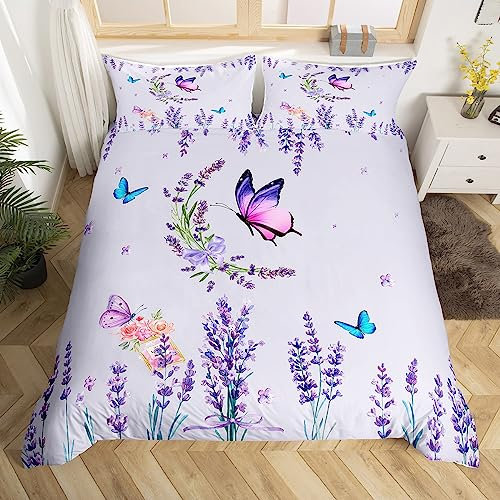 Manfei Lavender Duvet Cover Set King Size, Purple Flower Butterfly Bedding Set 3pcs for Kids Boys Girls Room Decor, Botanical Floral Print Comforter Cover Wild Plants Quilt Cover with 2 Pillowcases
