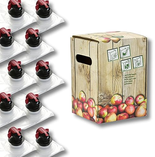AGRI plus 10 Komplett Sets Karton Holzkiste + Beutel | Bag in Box Beutel 3 Liter | Weinbeutel selbststehend | Saftbeutel Saft Wein Most Baginbox | Most Apfelsaft Rose | mit Hahn (10, 3 Liter)