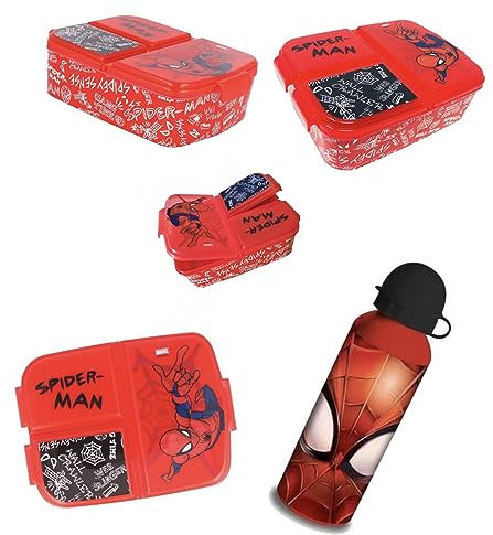 PELLECCHIA 1969 | Set Pranzo Scuola 2 Pezzi | Porta Merenda Scuola con 3 scomparti in Plastica BPA Free e Borraccia Alluminio da 500 ML (Spider-Man)
