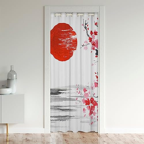 Japanischer Türvorhang für Türschrank, Kirschblüte Tinte Malerei Raum Teiler Blackout Vorhang, Rote Sonnentür 1 Panel, 132x203
