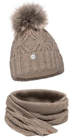 ELIMELI® Mütze Schal Damen Winter Kombi Set - Warme Strickmütze Mit Bommel und Schal - Slouch Strick Beanie Bommelmütze (Cappuccino)