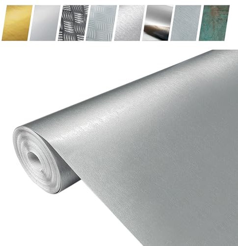 DecoMeister Vinilo Adhesivo Efecto Aluminio Cepillado Para Muebles Puerta Papel Autoadhesivo Plata Para Armarios Cocina Nevera Mesa Lámina Decorativa Plateada Para Hogar Para Forrar Rollo 45 x 50 cm