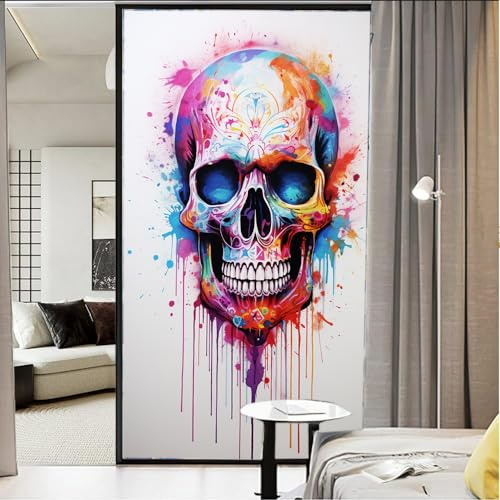 Bunte Totenköpfe, Sichtschutz, Fensterfolie, Vintage, Knochen, Graffiti, abstrakt, Buntglas-Fensterabdeckungen, kein Kleber, statische Haftung, Fensterfolie für Zuhause, Büro, Geschäfte, 80 x 140 cm