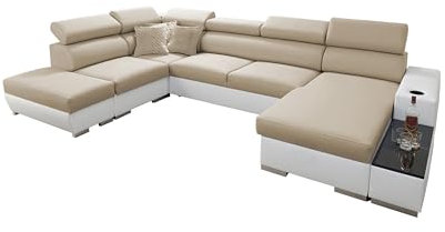 All4All Ecksofa mit Schlaffunktion Picanto 358 cm x 227 cm - Wohnlandschaft U-Form - Sofa mit Bettkasten - XXL Sofa - Groß - Gewebe mit Kunstleder - Rechte Seite - Beige/Weiß - Modern 26