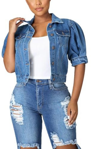 Women Short Puff Sleeve Casual Cropped Jean Jacket Button Down Crop Denim Jacket