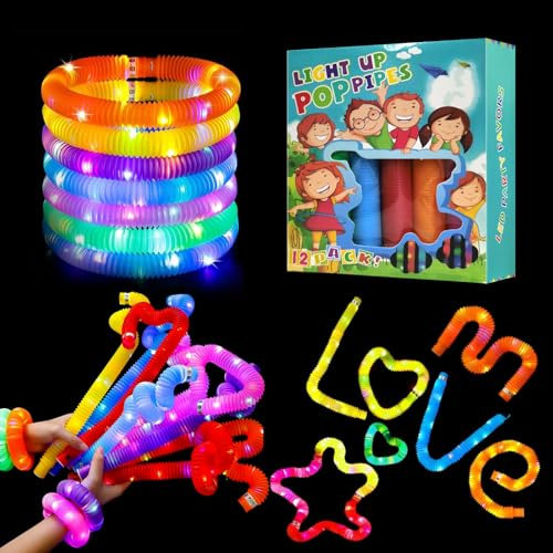 ENUOLI 12 unidades de tubos luminosos brillantes de tubo sensorial elástico para fiestas de niños pequeños, juguetes para aliviar el estrés, pulsera LED, collar de viaje y camping