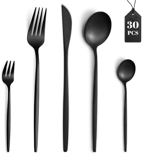 Couverts de table pour 6 personnes, Gymdin 30 pièces couverts inox avec couteau, fourchette, cuillère, couvert noir, passe au lave-vaisselle, poli miroir, Noir/Black