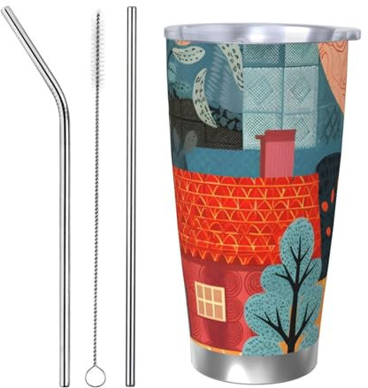 Mexpekil Isolierter Reisebecher, Eiskaffeetasse, Reisebecher, Edelstahl, Smoothie-Tasse, Auto-Kaffeetasse, Line Art Manor, Becher mit Strohhalm und Deckel, 590 ml