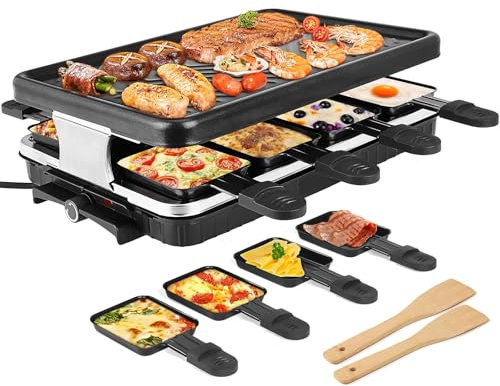 8 Person 1300W Electric Grill Indoor + 8 Raclette Cheese Pans + 2 Wooden Spatulas, Adjustable Temperature, Nonstick Electric Smokeless BBQ Grill