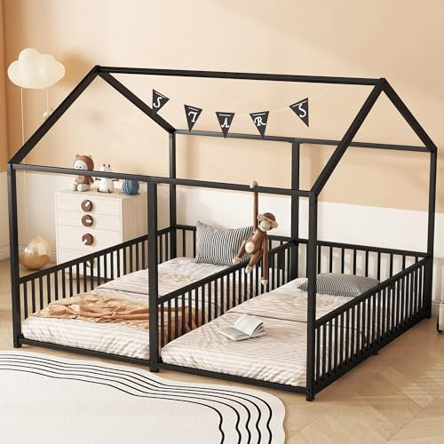 Zravenna Kinderbett Bodenbett 90x200cm für 2 Kinder, Metallbett Hausbett Kinder mit Geländer, Doppelbett Design, Ohne Matratze, Eisenrahmen, Schwarz