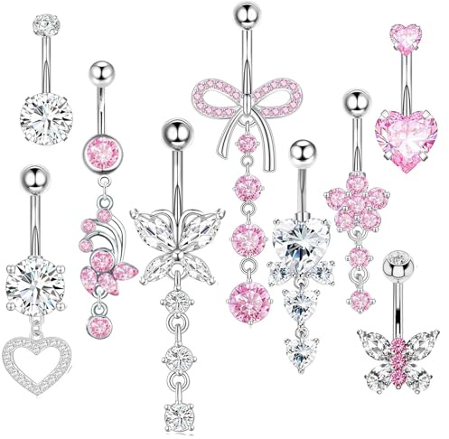 FloralGrace 9 Stück Bauchnabelpiercing Set,Bauchnabelpiercing Schmetterling Blume Anhänger,Chirurgenstahl Silber Rosa, Hängende Schmetterling und Herz Designs