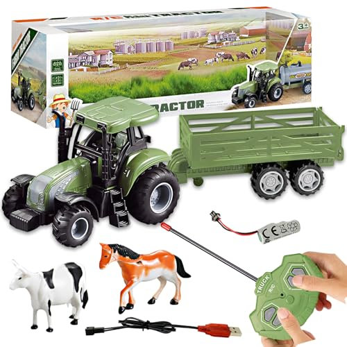 Kids Tractor Toy Remote Control Farm Vehicle Realistic Lights & Sounds for Boys & Girls Ages 6-12 Children Construction Toy Truck and Trailer Set STEM RC Toy Gift for Kids Ages 8+ Years