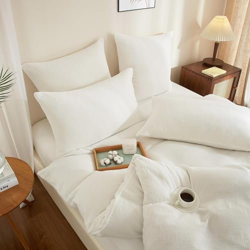 YASMENG Doppelte Muslin Bettwäsche 200x220 Weiß Bettwäsche Muslin 100% Baumwolle Bettwäsche Weich Atmungsaktiv Kuschelige Bettwäsche 3 Teilig mit Reißverschluss und 2 Kissenbezüge 80x80 cm