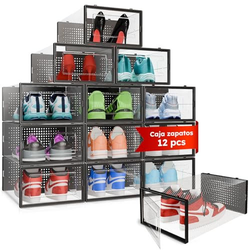 CM HOME Cajas de Zapatos. Juego de 12 Organizadores de Almacenamiento de Plástico Transparente Apilables y Plegables, Caja Zapatero con Tapas para Zapatillas y Calzado hasta Talla 44 (NEGRO)