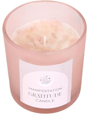 Manifestation Gratitude Wild Rose Scented Candle with Rose Quartz Crystals, Pink Frosted Glass