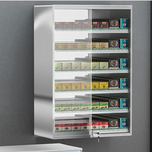 Générique Présentoir à Cigarettes en métal avec Porte vitrée et Serrure, Porte-cigares Mural, présentoir pour supermarchés, vitrine Transparente pour Bonbons et Tabac, argenté, 62,5 x 28,8 cm