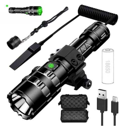 YJSM Linterna LED táctica recargable L2, 1600 lúmenes, luz superbrillante, 5 modos, con soporte para riel Picatinny e interruptor de presión (Luz verde)