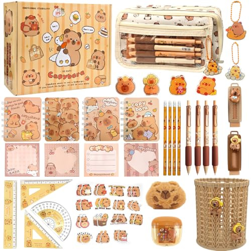 Ronronner 72 Pièces Trousse Capybara avec Fourniture, Capybara Papeterie avec Inclut Stylos, Clips, Règles - Organisé pour École, Bureau, Étudiants, Enfants