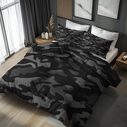 Generisch 135x200 Bettwäsche Camouflage Bettbezug - 2tlg, 1 Kissenbezug 80x80, Schwarz und Grau Muster, Schlafzimmer Deko, Weiche Mikrofaser Wendebettwäsche mit Reißverschluss - AZB484
