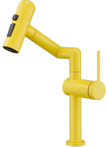 Gelber Badarmatur mit herausziehbarem Sprüher - 4 Modi Wasserfall Spültischarmatur Messing 360° Schwenkbar Mischbatterie für einfache Verwendung Modernes Design für stilvolle Badezimmer