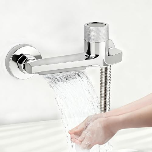 CTDMJ Grifo de bañera cascada con termostato de 2 salidas, grifo de ducha con botón de seguridad, grifo mezclador para bañera y ducha, montaje en pared, grifería para bañera y baño, cromado